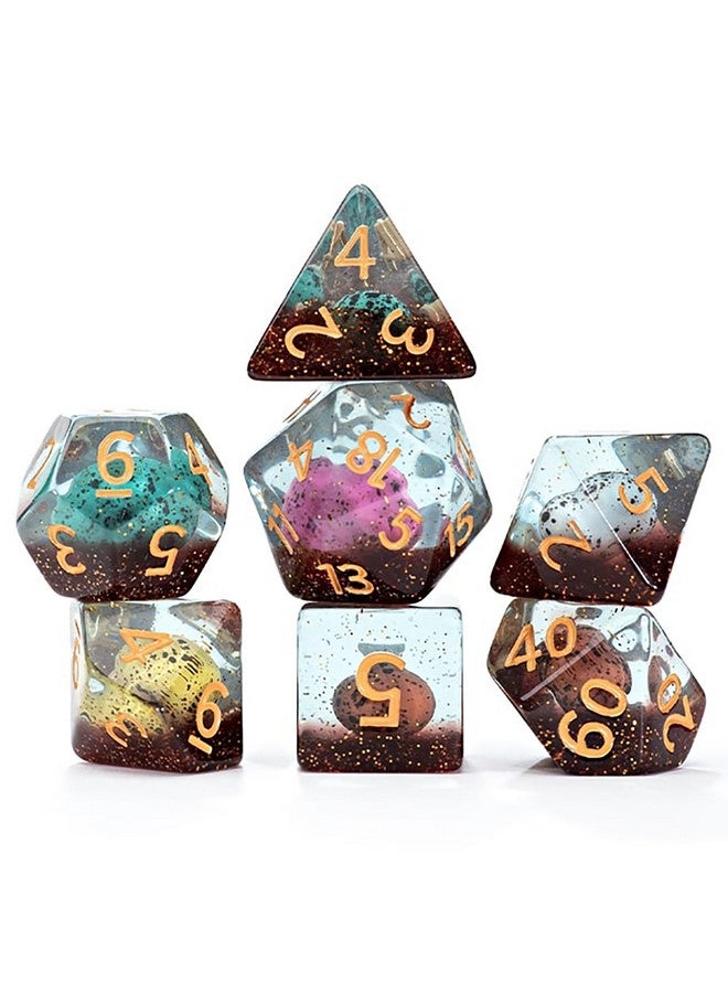 Gate Keeper Games and Dice: Inclusion Dice: Dinosaur Eggs - 7pc RPG Set, Multi-Colored Dino Eggs & Brown Glitter in Clear Resin, Role Playing Games - Image 1