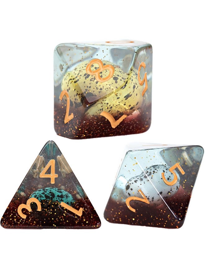 Gate Keeper Games and Dice: Inclusion Dice: Dinosaur Eggs - 7pc RPG Set, Multi-Colored Dino Eggs & Brown Glitter in Clear Resin, Role Playing Games - Image 4