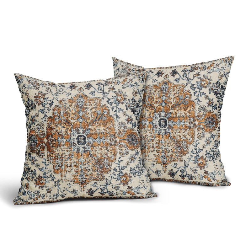 aportt Brown Navy Blue Ethnic Boho Pillow Covers 18X18 Inch Bohemian Carpet Vintage Pillow Cases Gold Black Tan Floral Throw Pillow Set of 2 Home Decor for Room Bedroom Outdoor Porch Patio Cushion - Image 2