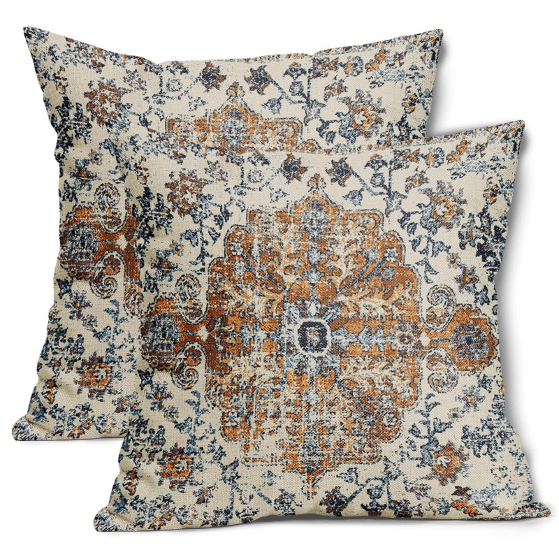 aportt Brown Navy Blue Ethnic Boho Pillow Covers 18X18 Inch Bohemian Carpet Vintage Pillow Cases Gold Black Tan Floral Throw Pillow Set of 2 Home Decor for Room Bedroom Outdoor Porch Patio Cushion - Image 1