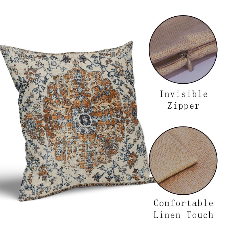 aportt Brown Navy Blue Ethnic Boho Pillow Covers 18X18 Inch Bohemian Carpet Vintage Pillow Cases Gold Black Tan Floral Throw Pillow Set of 2 Home Decor for Room Bedroom Outdoor Porch Patio Cushion - Image 3