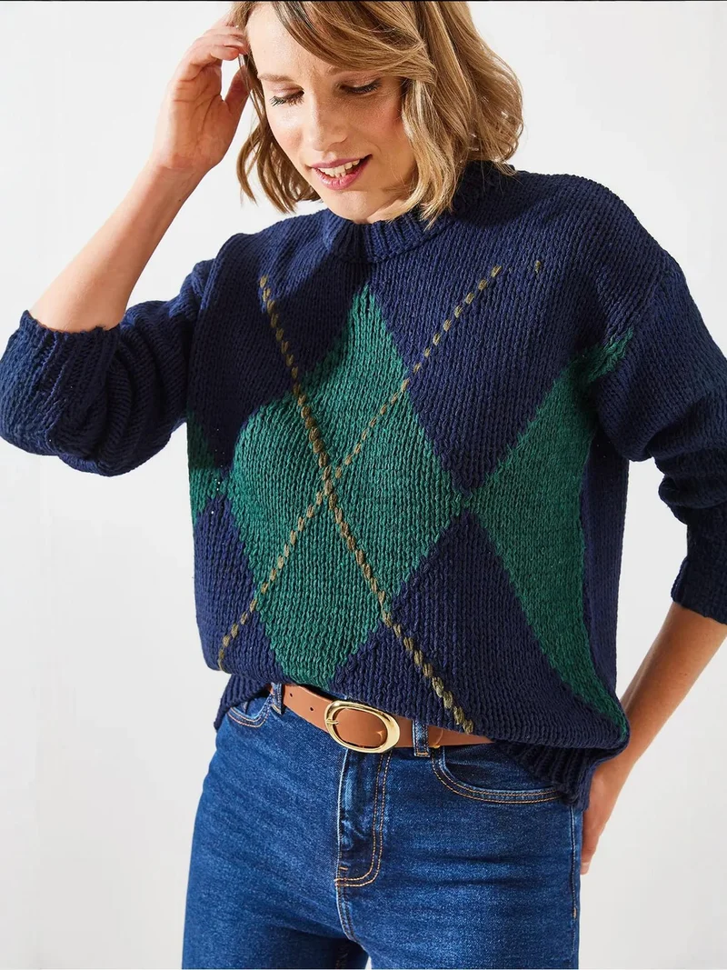 Bianco Lucci Navy Blue LUCCI Geometric Pattern Knit Sweater with Crew Neck for Women | Best Price UAE