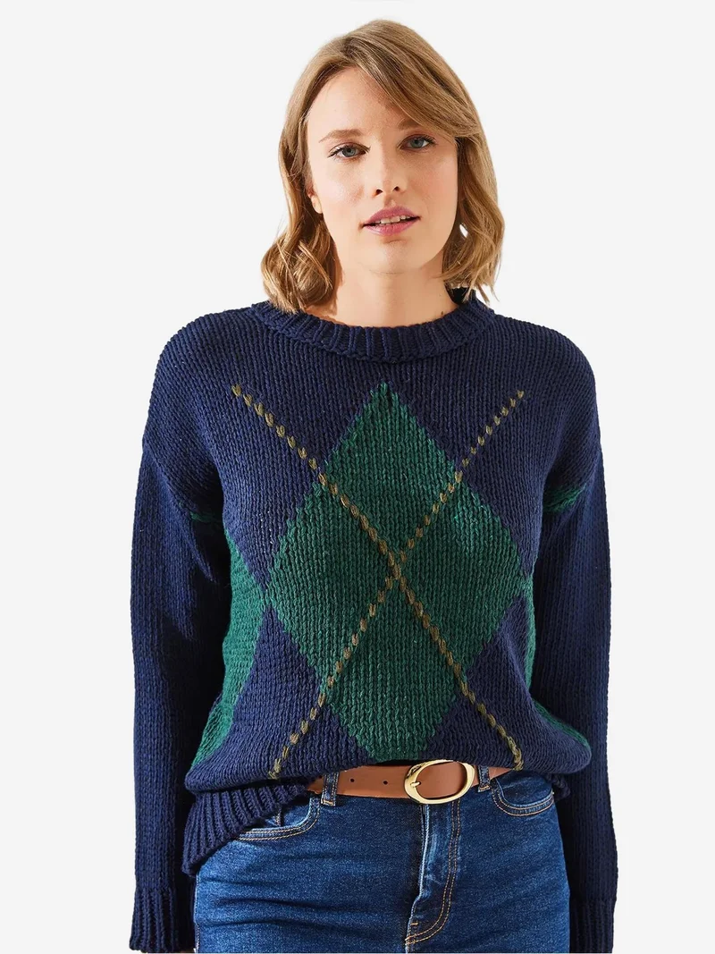 Bianco Lucci Navy Blue LUCCI Geometric Pattern Knit Sweater with Crew Neck for Women | Best Price UAE