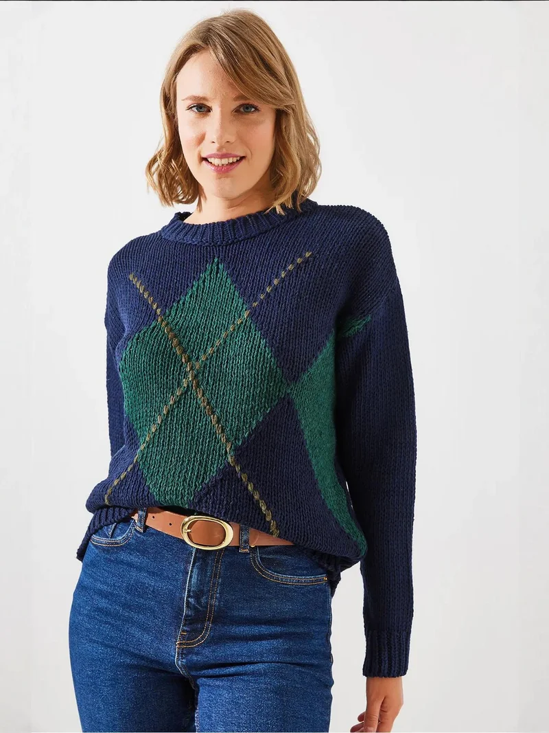 Bianco Lucci Navy Blue LUCCI Geometric Pattern Knit Sweater with Crew Neck for Women | Best Price UAE