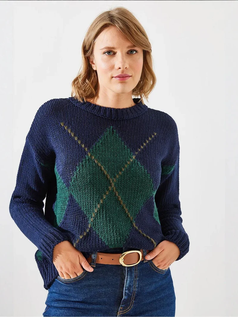 Bianco Lucci Navy Blue LUCCI Geometric Pattern Knit Sweater with Crew Neck for Women | Best Price UAE