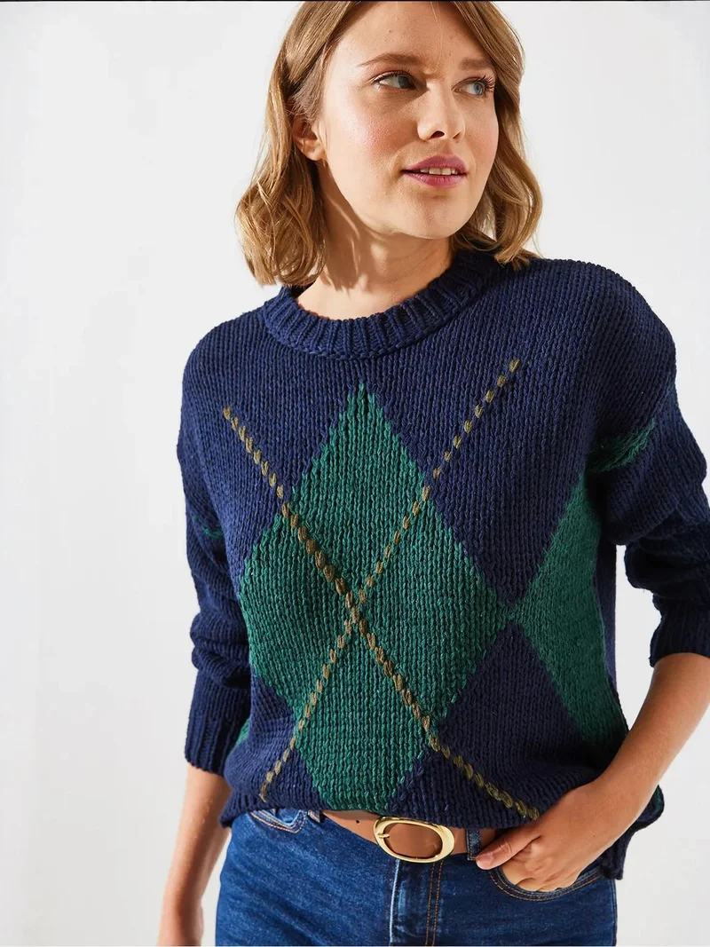 Bianco Lucci Navy Blue LUCCI Geometric Pattern Knit Sweater with Crew Neck for Women | Best Price UAE