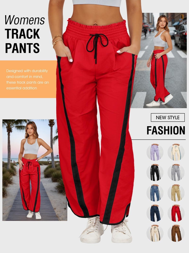 Fisoew Women's Baggy Wide Leg Pants Casual Drawstring Elastic Waisted Contrast Color Workout Y2K Track Pants Red - Image 4