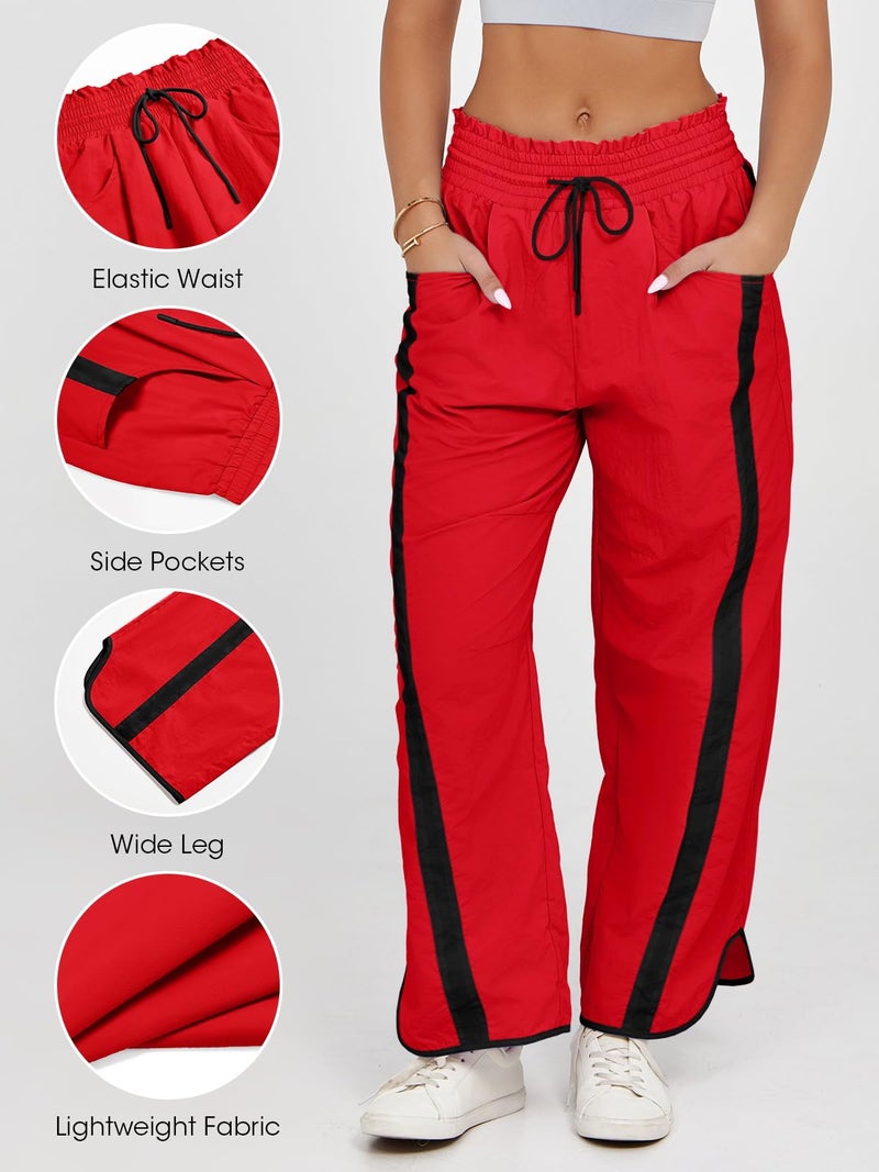 Fisoew Women's Baggy Wide Leg Pants Casual Drawstring Elastic Waisted Contrast Color Workout Y2K Track Pants Red - Image 3