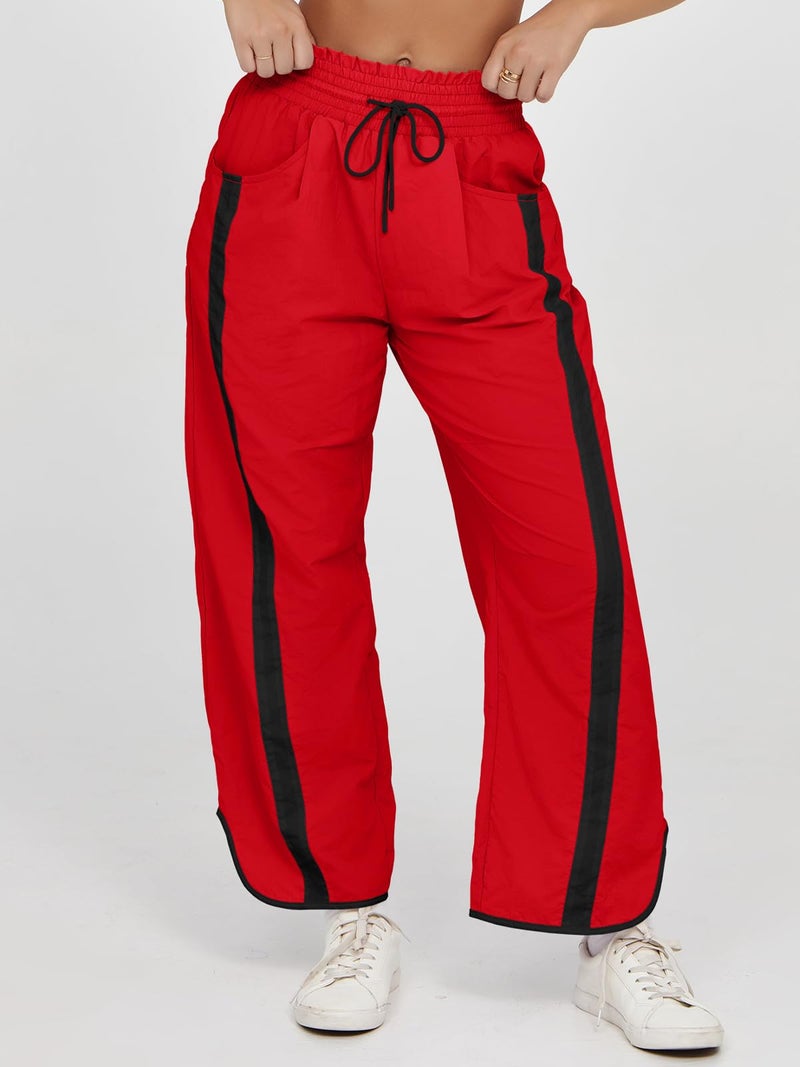 Fisoew Women's Baggy Wide Leg Pants Casual Drawstring Elastic Waisted Contrast Color Workout Y2K Track Pants Red - Image 5