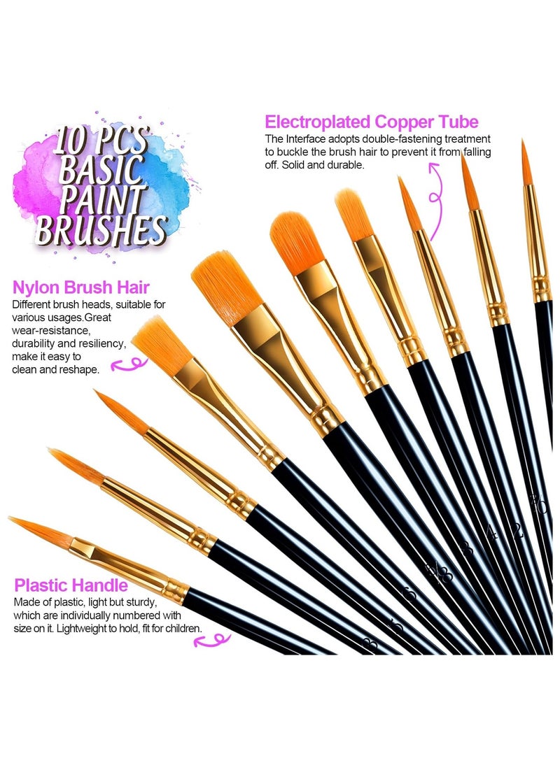 Paint Brushes Set, 10pcs Nylon Hair Brush With 3pcs Round Paint Trays, Artist Brushes for for Acrylic, Watercolor, Oil, Gouache, Tempera,Rock and Body Painting, Black - Image 3