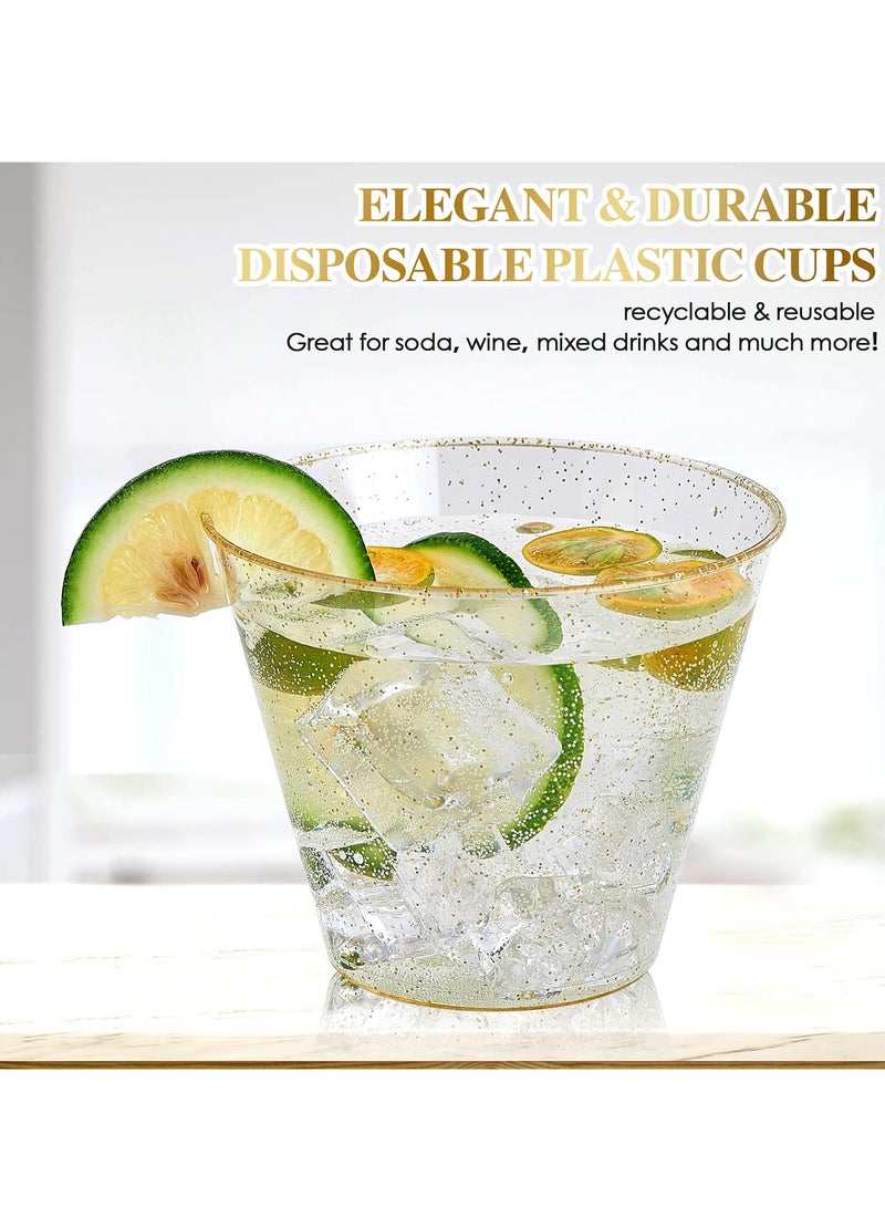 كيلا مجموعة من 50 كوبًا بلاستيكيًا لامعًا ذهبيًا، أكواب بلاستيكية شفافة سعة 9 أونصات، أكواب بلاستيكية صلبة فاخرة للاستخدام مرة واحدة مع بريق ذهبي، أكواب زفاف فاخرة وأكواب حفلات أنيقة، قابلة لإعادة التدوير وخالية من مادة BPA - Image 5