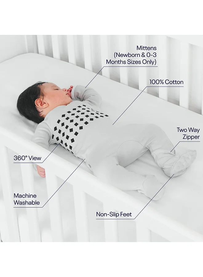 Nanit Breathing Wear Baby Pajamas – 100% Cotton, Double Zipper, Footed Pjs With Mitten Cuffsworks With Pro Baby Monitor To Track Breathing Motion Sensor - Free, Size 0M Newborn, Pebble Grey