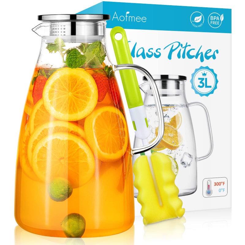 Aofmee 100 Oz Glass Pitcher 3L Water Pitcher with Lid Iced Tea Jar with 304 Stainless Steel Lid and Spout Heat Resistant Jug for Sun Tea Water Carafe for Cold or Hot Beverage Serveware Juice