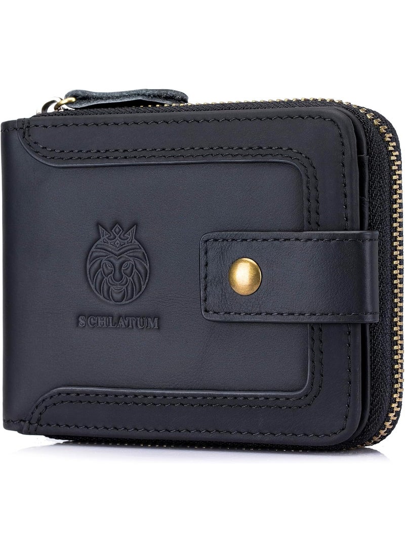 Genuine Leather Wallet for Men RFID Blocking Card Holder Wallet with Zipper Coin Pocket ID Window(Black) - Image 1