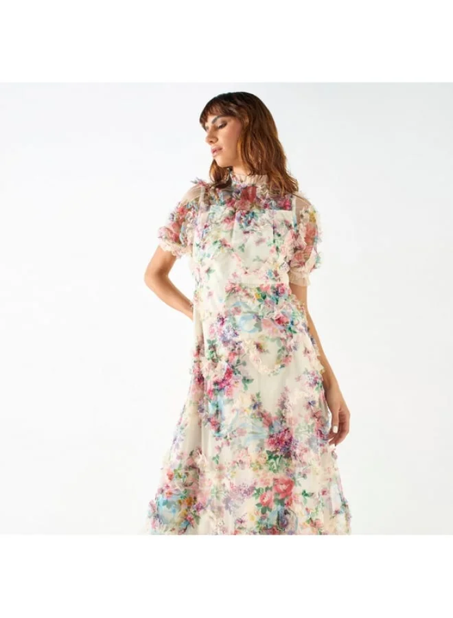 2Xtremz 2Xtremz All-Over Floral Print A-line Dress with Ruffles and Puff Sleeves