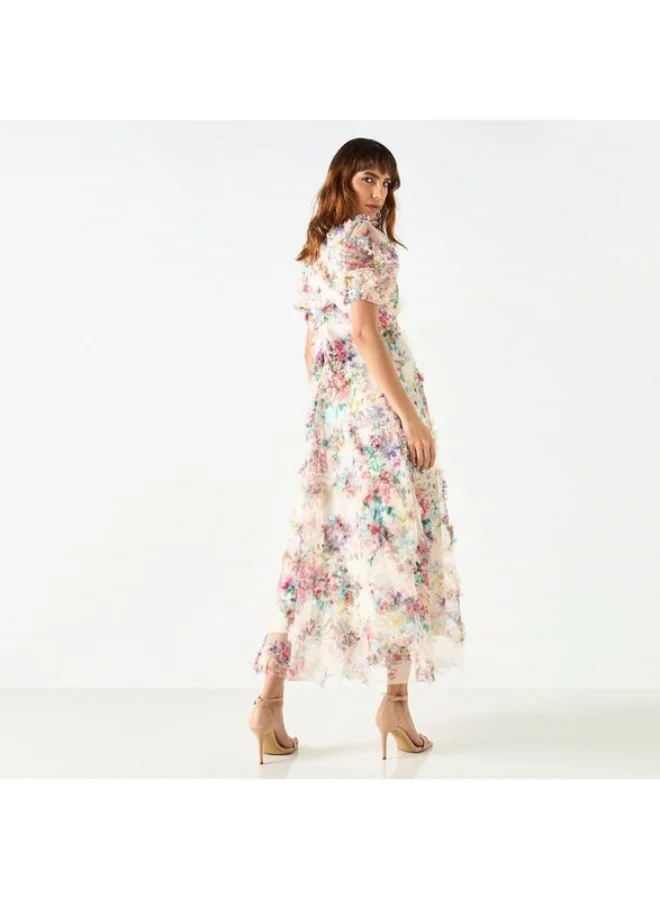 2Xtremz 2Xtremz All-Over Floral Print A-line Dress with Ruffles and Puff Sleeves