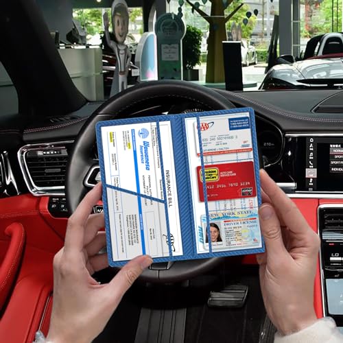 TOURSUIT حامل بطاقة تسجيل السيارة والتأمين TOURSUIT، منظم مستندات رخصة المركبة لجيب القفازات، محفظة سيارة أساسية لمالكي السيارات (كربون أزرق) - Image 5