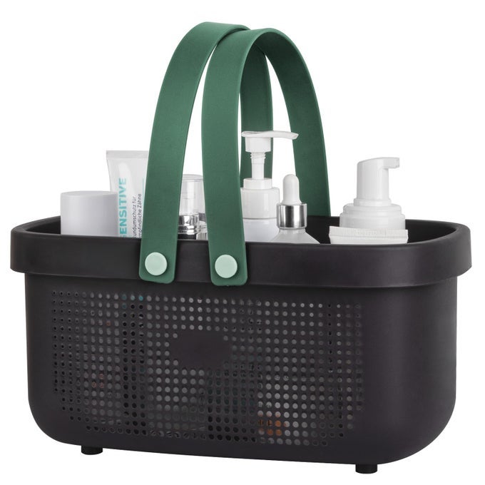 PLASTIC STORAGE BASKET WITH HANDLE PORTABLE SHOWER CADDY TOTE ORGANIZER BASKET BIN FOR BATHROOM KITCHEN DORM ROOM BEDROOM BLACK GREEN