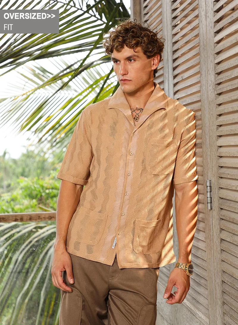 Campus Sutra Campus Sutra Men's Sand Beige Swirl Open-Knit Shirt For Casual Wear | Spread Collar | Short Regular Sleeves | Button Closure | Oversized Shirt Crafted With Comfort Fit For Everyday Wear