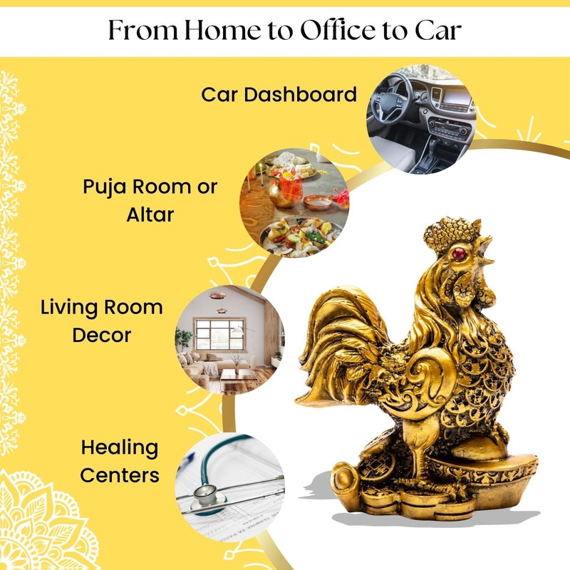 Plus Value Vastu Feng Shui Rooster Statue on Coins for Good Luck Fortune Harmony Protection Politicking Backbiting Jealousy Home Office Positivity Table Desk Decor Showpiece 4 x 3 Inches Gold - Image 5