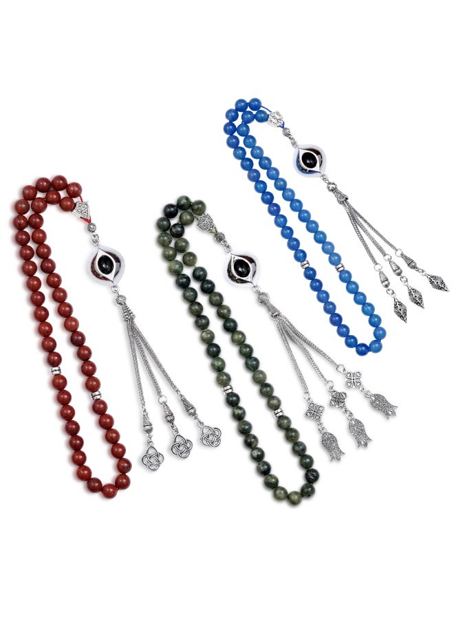 سبحتي  3 سبحة مع حجر جاسبر الأخضر و العقيق الأزرق و جاسبر / 8 ملي - 45 خرز / الأجزاء المعدنية - Image 1