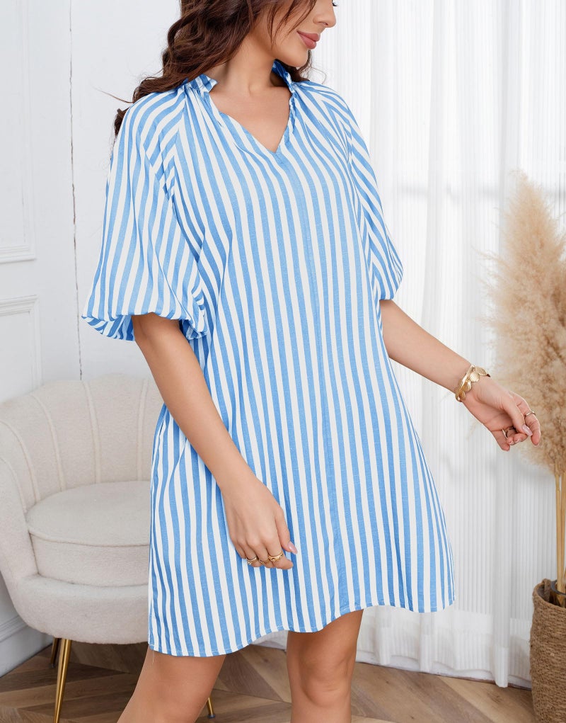 CHARTOU Women Summer Striped Beach Vacation Mini Dress 3/4 Sleeve Boho Chic Outfits Tunic Shift Dress(Large, Blue) - Image 3