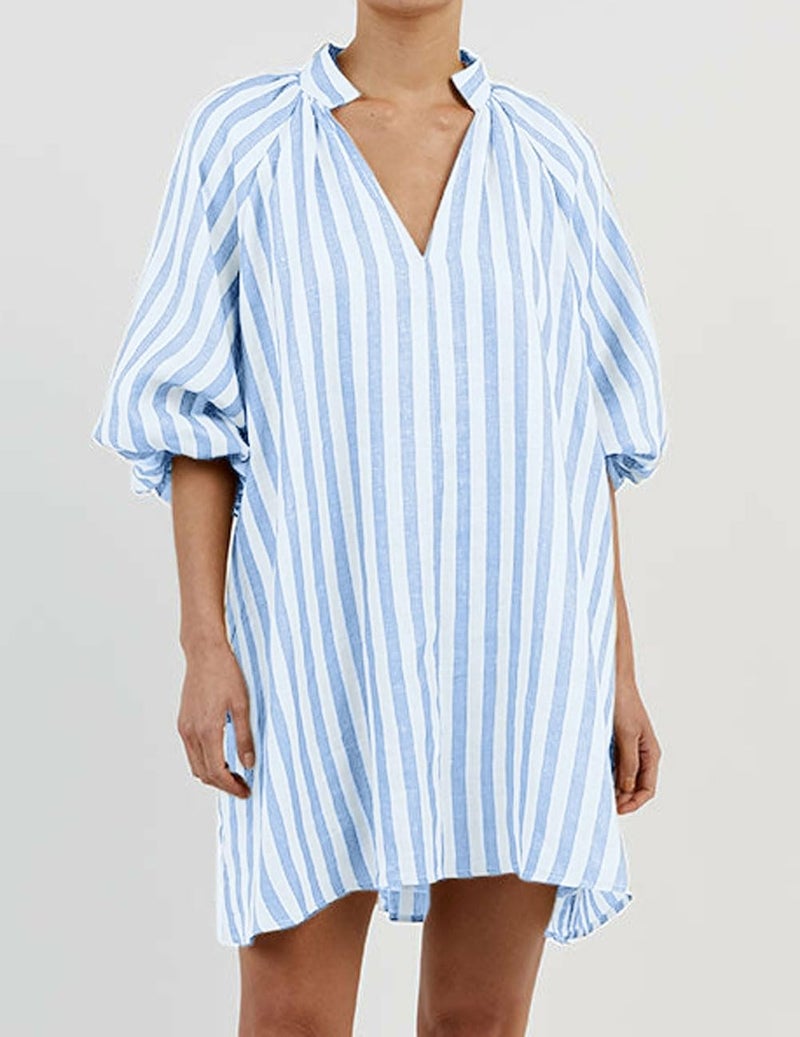 CHARTOU Women Summer Striped Beach Vacation Mini Dress 3/4 Sleeve Boho Chic Outfits Tunic Shift Dress(Large, Blue) - Image 2