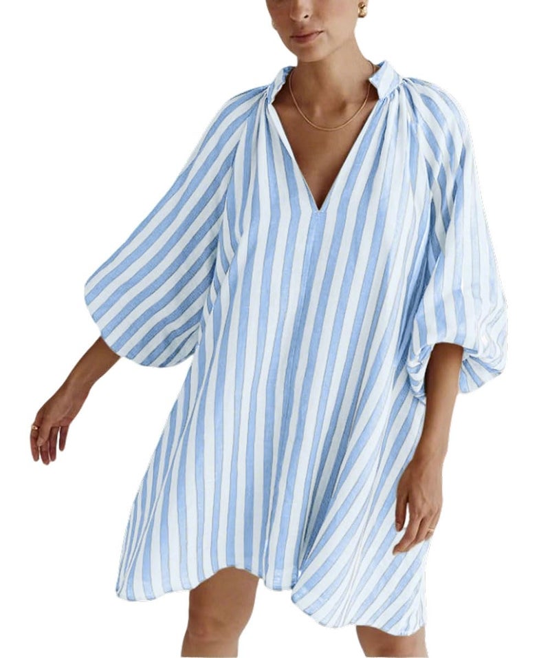 CHARTOU Women Summer Striped Beach Vacation Mini Dress 3/4 Sleeve Boho Chic Outfits Tunic Shift Dress(Large, Blue) - Image 1