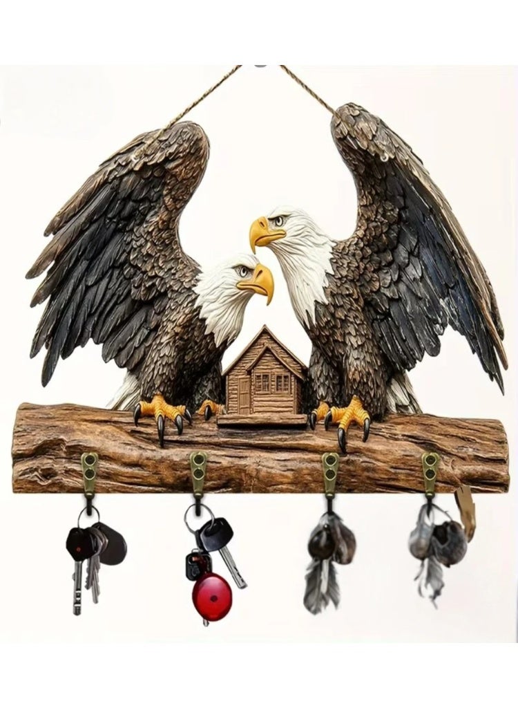 حامل مفاتيح خشبي على شكل نسر - 4 خطافات معدنية لتزيين الجدران، الشرفة، الغرفة، الفيلا، ديكور منزلي موسمي، حامل مفاتيح. 30 سم × 22 سم - Image 1