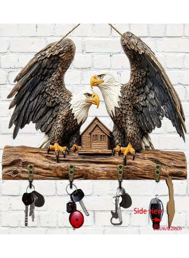 حامل مفاتيح خشبي على شكل نسر - 4 خطافات معدنية لتزيين الجدران، الشرفة، الغرفة، الفيلا، ديكور منزلي موسمي، حامل مفاتيح. 30 سم × 22 سم - Image 2