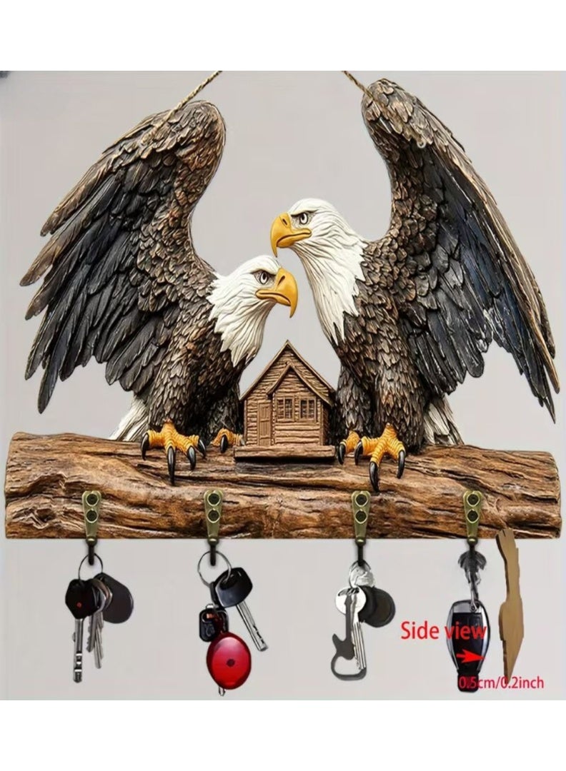 حامل مفاتيح خشبي على شكل نسر - 4 خطافات معدنية لتزيين الجدران، الشرفة، الغرفة، الفيلا، ديكور منزلي موسمي، حامل مفاتيح. 30 سم × 22 سم - Image 3