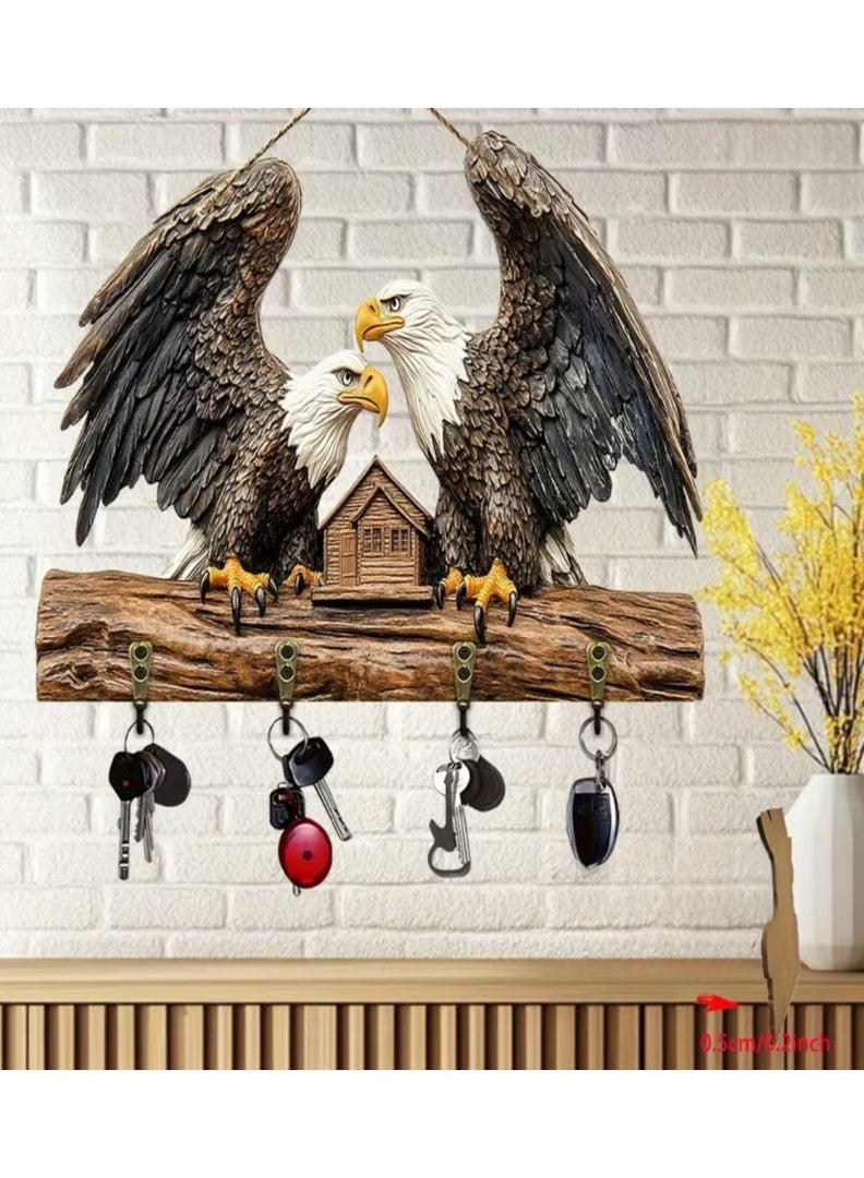 حامل مفاتيح خشبي على شكل نسر - 4 خطافات معدنية لتزيين الجدران، الشرفة، الغرفة، الفيلا، ديكور منزلي موسمي، حامل مفاتيح. 30 سم × 22 سم - Image 4
