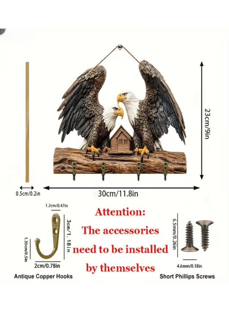 حامل مفاتيح خشبي على شكل نسر - 4 خطافات معدنية لتزيين الجدران، الشرفة، الغرفة، الفيلا، ديكور منزلي موسمي، حامل مفاتيح. 30 سم × 22 سم - Image 5