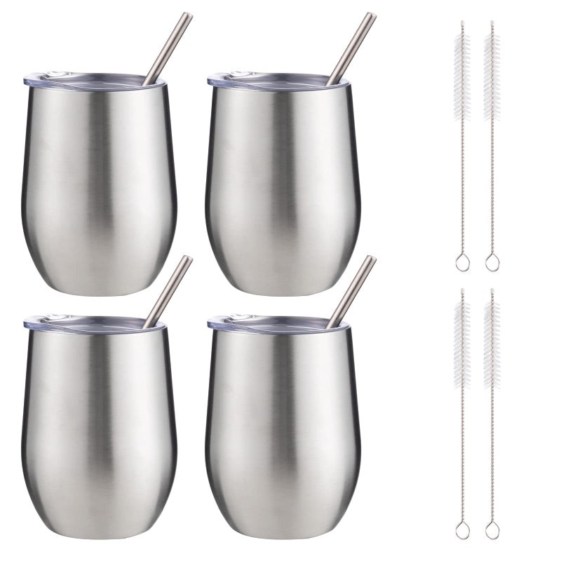 FristChoice 12 oz Insulated Wine Tumbler with Lid and StrawStainless Steel Stemless Wine Tumbler Glasses Double Wall Vacuum Wine Cups Tumbler Bulk for CoffeeCocktailOfficeSilver4