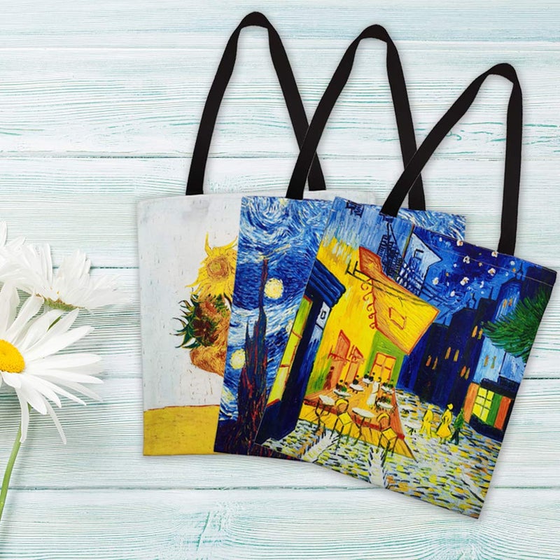 FunisFun 3 Pack Canvas Tote Bag Reusable Grocery Shopping Tote Bag Large Women Shoulder Bag Handbag 3 Designs  13 X 14 Inch - Image 2