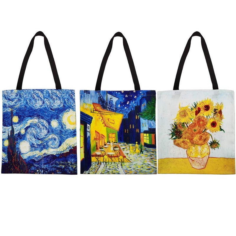 FunisFun 3 Pack Canvas Tote Bag Reusable Grocery Shopping Tote Bag Large Women Shoulder Bag Handbag 3 Designs  13 X 14 Inch - Image 1