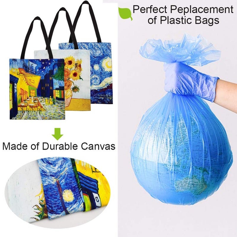 FunisFun 3 Pack Canvas Tote Bag Reusable Grocery Shopping Tote Bag Large Women Shoulder Bag Handbag 3 Designs  13 X 14 Inch - Image 4