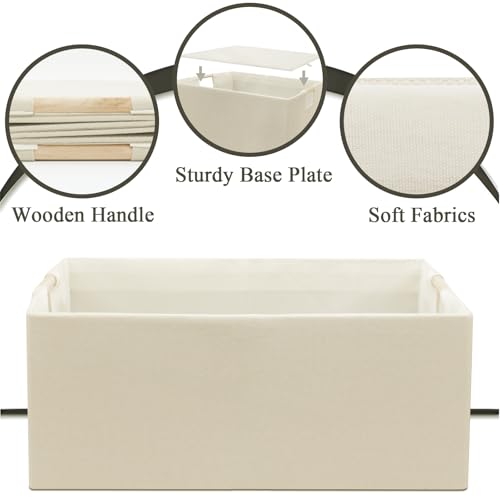 Jukercici Foldable Fabric Storage Cubes, 2 Packs Cloth Storage Baskets with Wooden Handles, Collapsible Shelf Closet Organizer Bins, Rectangular Storage Boxes for Decor (Beige) - Image 3