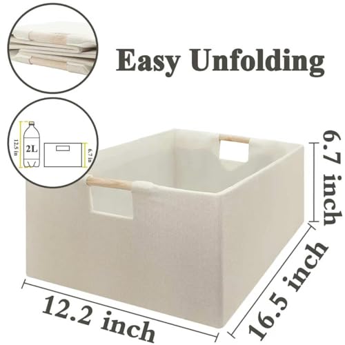 Jukercici Foldable Fabric Storage Cubes, 2 Packs Cloth Storage Baskets with Wooden Handles, Collapsible Shelf Closet Organizer Bins, Rectangular Storage Boxes for Decor (Beige) - Image 2