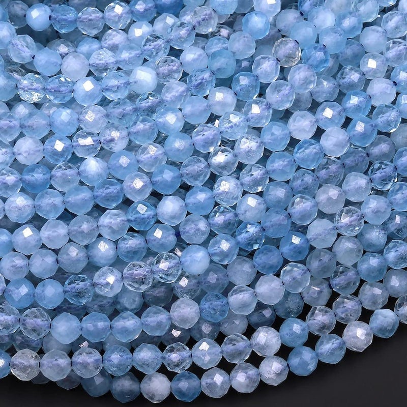 Natural Aquamarine Gemstone Round Micro Faceted Beads 15.5" Strand 2mm, 3mm, 4mm for Jewelry Making (2 MM) - Image 1