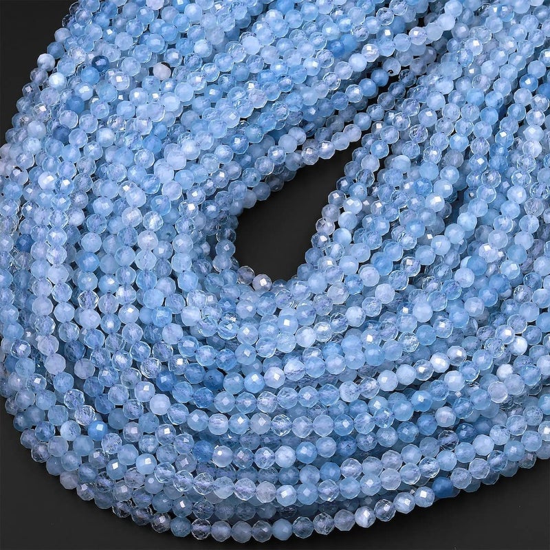 Natural Aquamarine Gemstone Round Micro Faceted Beads 15.5" Strand 2mm, 3mm, 4mm for Jewelry Making (2 MM) - Image 3