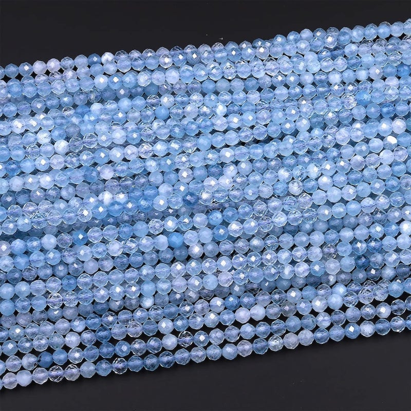 Natural Aquamarine Gemstone Round Micro Faceted Beads 15.5" Strand 2mm, 3mm, 4mm for Jewelry Making (2 MM) - Image 4