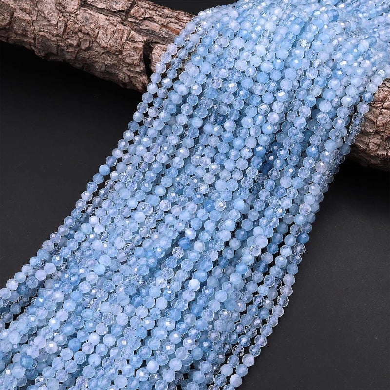 Natural Aquamarine Gemstone Round Micro Faceted Beads 15.5" Strand 2mm, 3mm, 4mm for Jewelry Making (2 MM) - Image 2