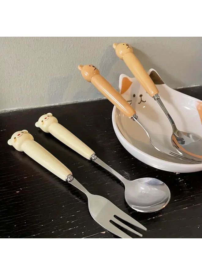 Ceramic Bear Cutlery Set 2pcs Milky White Spoon And Fork - Image 2