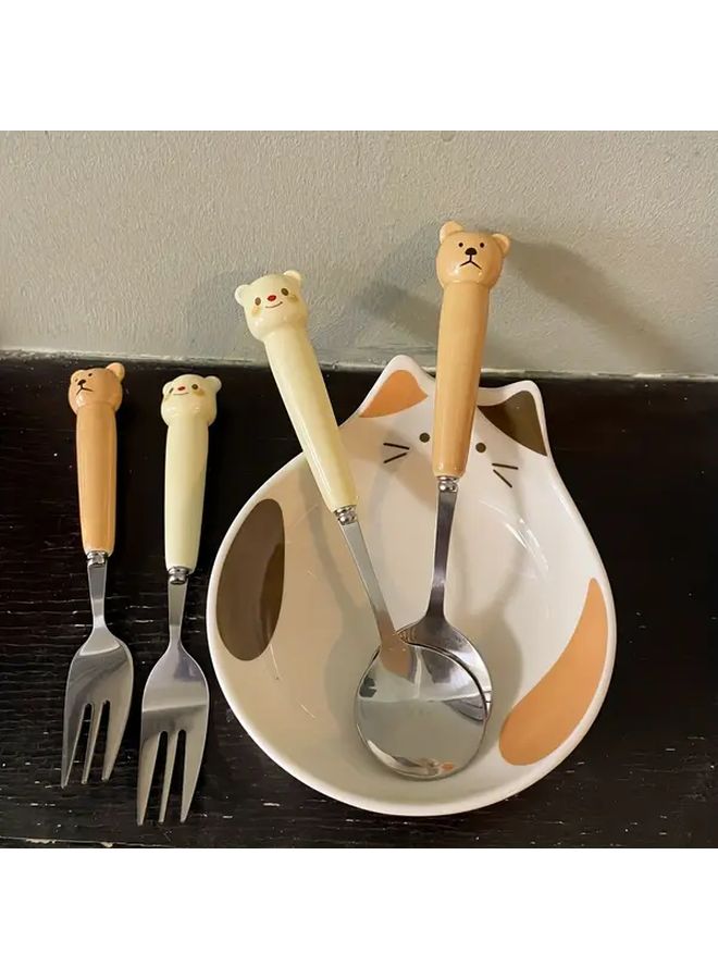 Ceramic Bear Cutlery Set 2pcs Milky White Spoon And Fork - Image 1