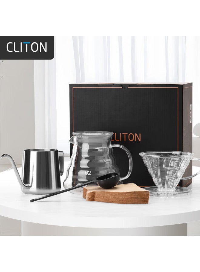 Cliton Pour-over Coffee Maker Set, Drip Coffee Pot, Glass Sharing Pot, Stainless Steel Pour-over Kettle, Filter Paper, Filter Cup - Image 1