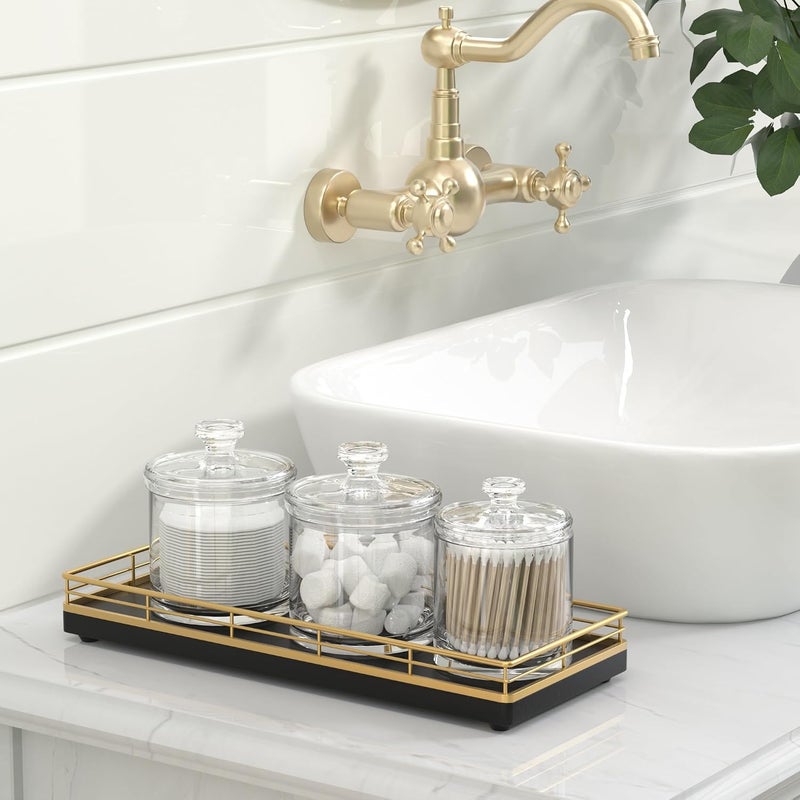Focusonit Wooden Decorative Tray, Oak 11.2" L Coffee Table Tray for Kitchen Countertop Soap Sponge Holder Candle Nightstand Table Centerpieces for Dining Room Decor Black Gold - Image 5