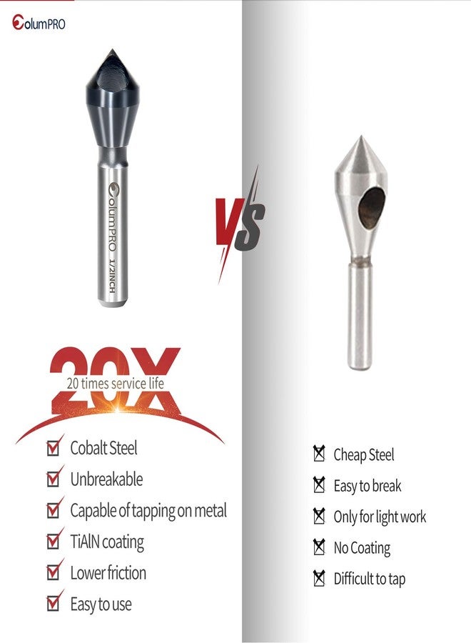 ColumPRO TiAlN Cobalt Single-End Countersink Chamfer Tool - Heavy-Duty M35 82-Degree Countersink Bit for Metal, Stainless Steel, Copper, Wood, Fiberboard, 1/2" - Image 5