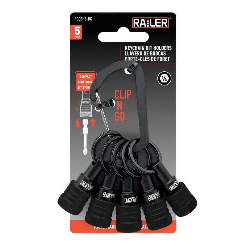 Railer Bit Holder Keychain 5pc - 1/4 inch Hex Shank Bit Holders - Quick Release Bit Holder for Nut Driver, Screwdriver & Drill Bits w/Key Chain Carabiner - Image 1