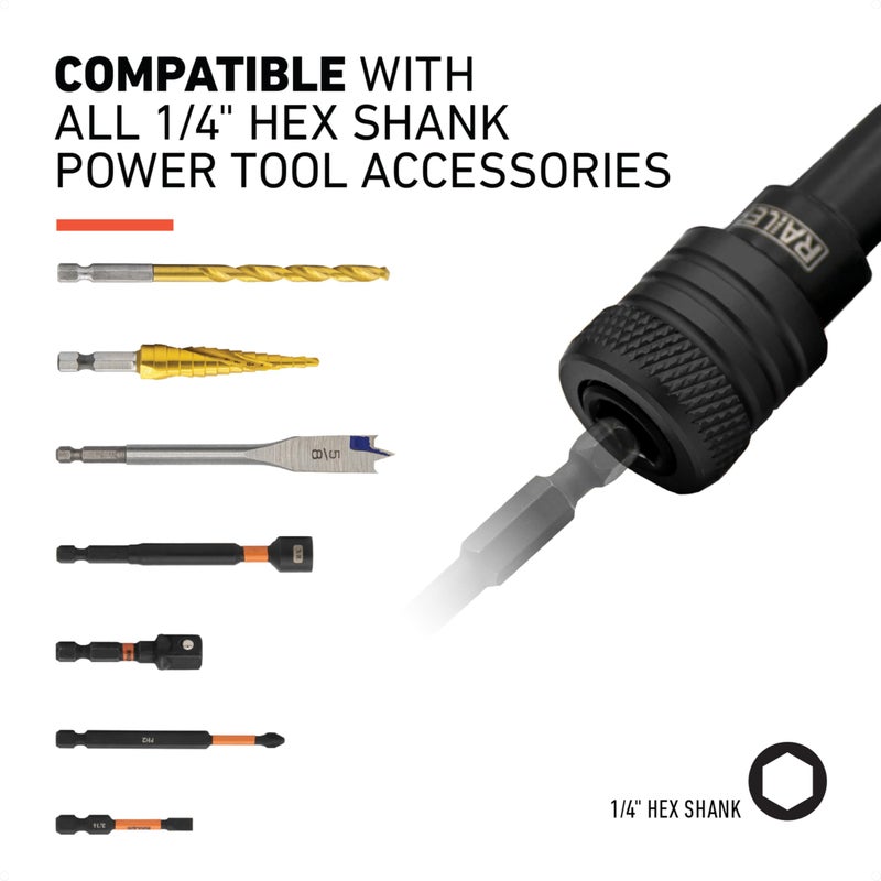 Railer Bit Holder Keychain 5pc - 1/4 inch Hex Shank Bit Holders - Quick Release Bit Holder for Nut Driver, Screwdriver & Drill Bits w/Key Chain Carabiner - Image 2